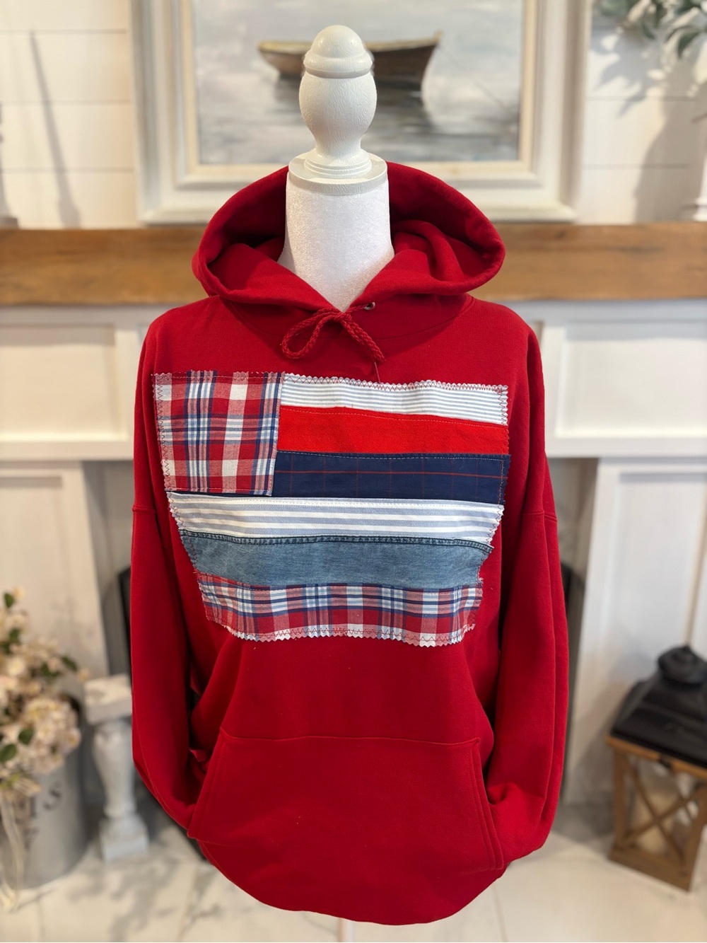 Custom red flag hoodie using upcycled fabrics. Size XXL 4th of july fit